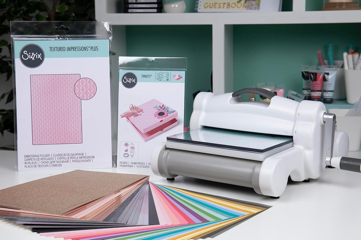 Sizzix Big Shot Plus Kit de Inicio 9 Pulgadas | Blanco/Gris, 20 troqueles, 20 cartulinas, corte y repujado, multiusos