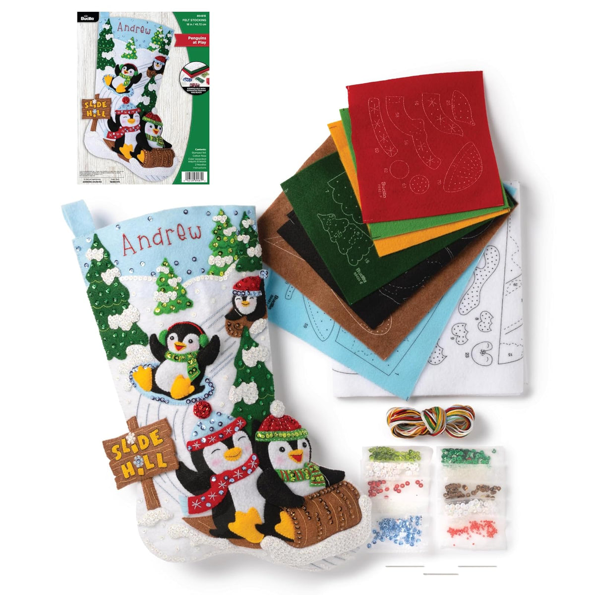 Bucilla Kit de medias con apliques de fieltro, pingüinos en juego, kit de fabricación de medias de fieltro de 18 pulgadas, perfecto para manualidades y manualidades de aguja, 89481E, blanco