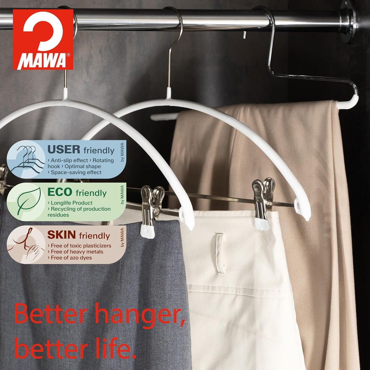 Mawa by Reston Lloyd - Percha de Ropa de Ropa Antideslizante Que Ahorra Espacio con una Sola Barra para Pantalones, Estilo KH/1, Juego de 4, Color Blanco