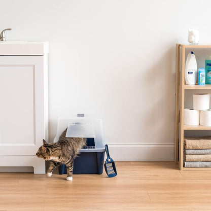 IRIS USA Arenero Cubierto para Gato con Puerta Frontal y Pala, Azul | Reduce la dispersión de arena, puerta frontal para privacidad, incluye pala, resistente a manchas, limpieza sencilla