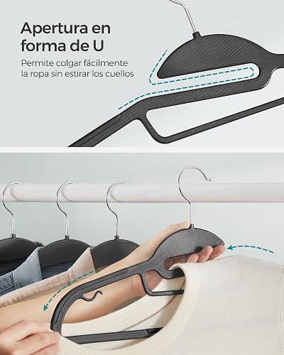 SONGMICS 50 Perchas de Plástico, Antideslizantes, Ahorro de Espacio, 41,5 cm de Largo, Gancho Giratorio 360º, Negro MCRP41BK-50