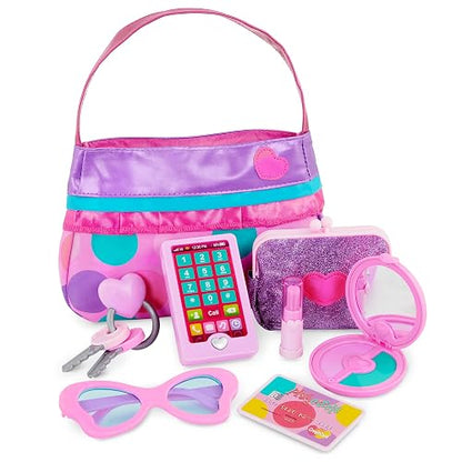 Battat Monedero Princesa, set de maquillaje con bolso de juguete | Set de 8 con bolso, monedero, móvil, gafas de sol, llaves, labial, estuche con espejo y tarjeta, 3 años y +
