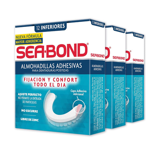 Sea-Bond Kit Almohadilla Adhesiva para Dentaduras Postizas Inferiores, 3 pack 12 Piezas Cada una