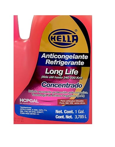 HELLA 358274061 HCPGAL Anticongelante Automotriz Long Life Rosa 3.78L Premezclado 33% Protección Anticorrosiva 5 Años o 240000km