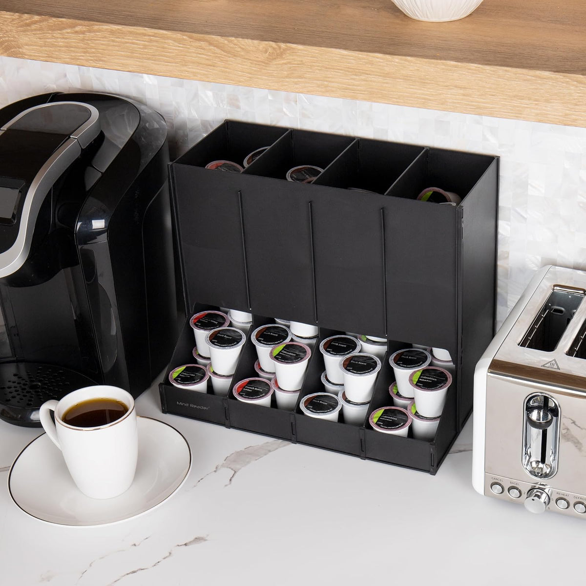 Mind Reader 4-Compartment Single Serve Coffee Pod Dispenser, 120 Pod Capacity, Breakroom, 14.5" L x 9" W x 12.25" H, Black