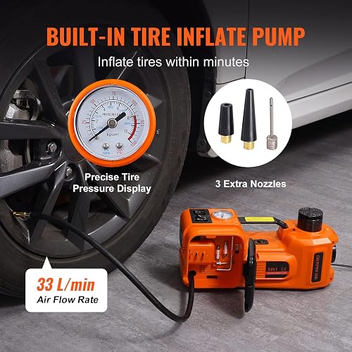 VEVOR Gato Hidráulico Eléctrico 5T 12V Elevador Automático de Automóvil 155-450 mm Gato Elevador con Luz LED Inflador de Neumáticos Set de Recuperación en Carretera Desmontadora de Neumáticos SUV Berlina