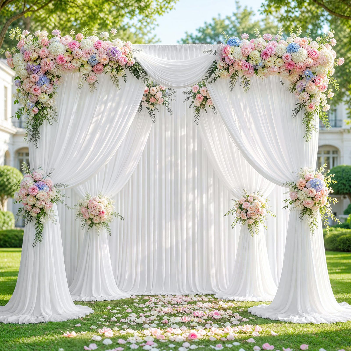 Joydeco - Cortinas de Fondo Blanco para Bodas, Fiestas, Cortinas de telón de Fondo para decoración de Boda, cumpleaños, Tela de poliéster sin Arrugas, 5 pies x 10 pies, 2 Paneles con Bolsillos para