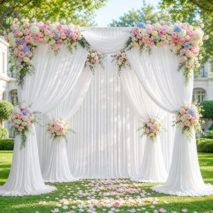 Joydeco - Cortinas de Fondo Blanco para Bodas, Fiestas, Cortinas de telón de Fondo para decoración de Boda, cumpleaños, Tela de poliéster sin Arrugas, 5 pies x 10 pies, 2 Paneles con Bolsillos para