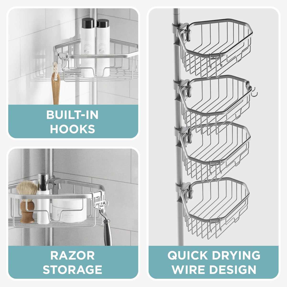 Zenna Home - Organizador de esquina para ducha con poste de tensión, organizador ajustable para ducha de pie con 4 estantes, organizador de barra de tensión de baño, de 60 a 108 pulgadas, cromo