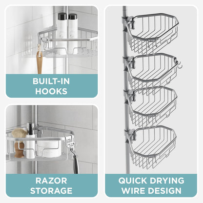 Zenna Home - Organizador de esquina para ducha con poste de tensión, organizador ajustable para ducha de pie con 4 estantes, organizador de barra de tensión de baño, de 60 a 108 pulgadas, cromo