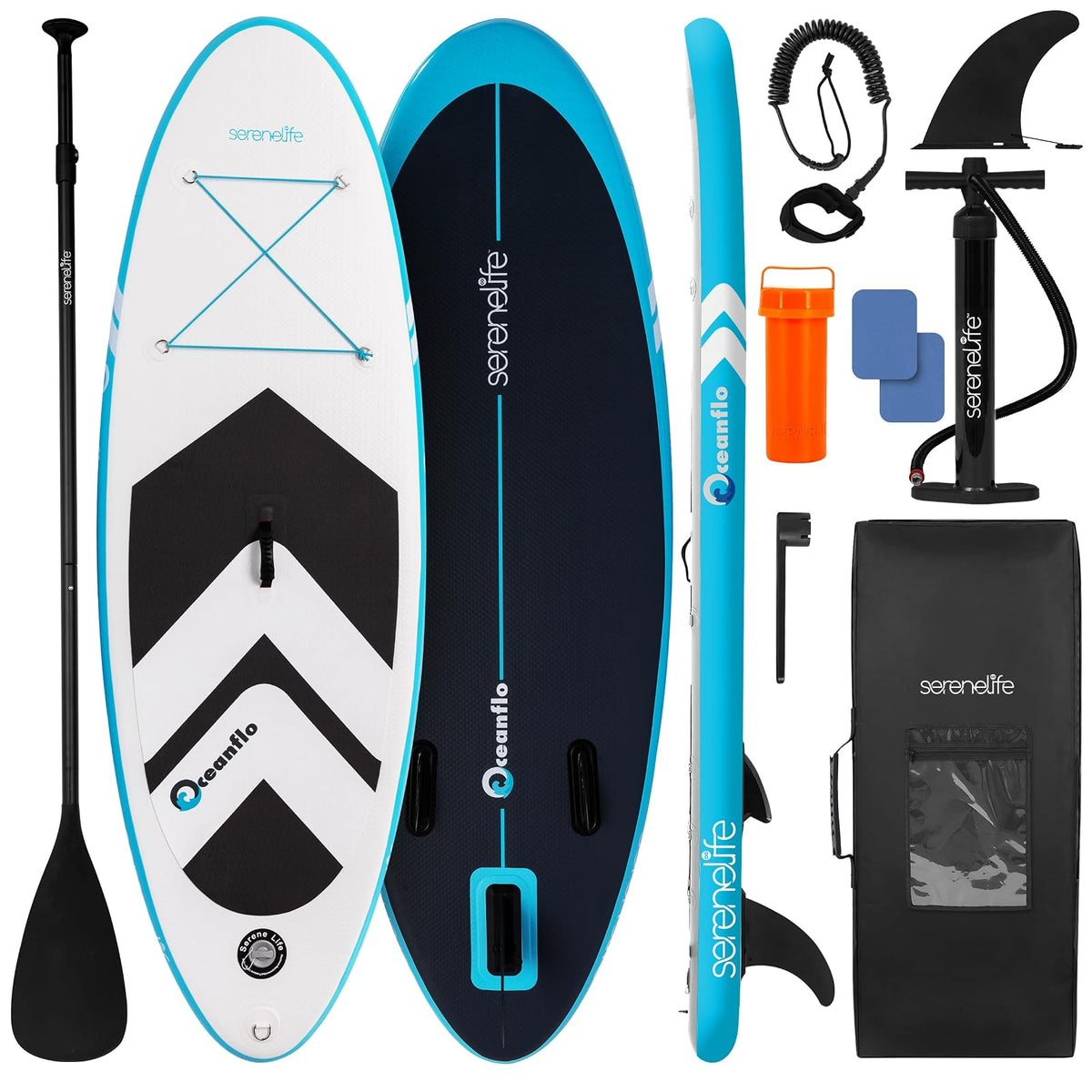 SereneLife - Tabla de Remo Inflable para niños de 7 pies 9 Pulgadas, Sup para jóvenes con Bomba de acción única, Paleta Ajustable y Mochila, diseño Estable de 30 Pulgadas de Ancho con Almohadilla de