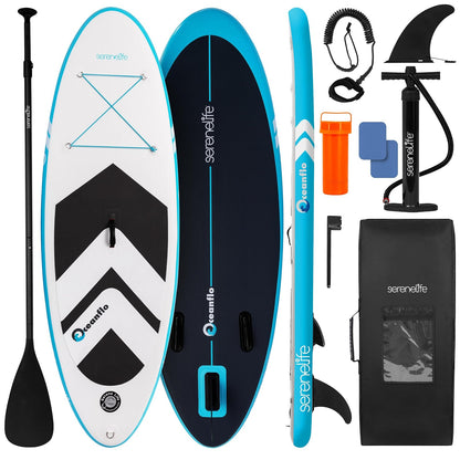 SereneLife - Tabla de Remo Inflable para niños de 7 pies 9 Pulgadas, Sup para jóvenes con Bomba de acción única, Paleta Ajustable y Mochila, diseño Estable de 30 Pulgadas de Ancho con Almohadilla de