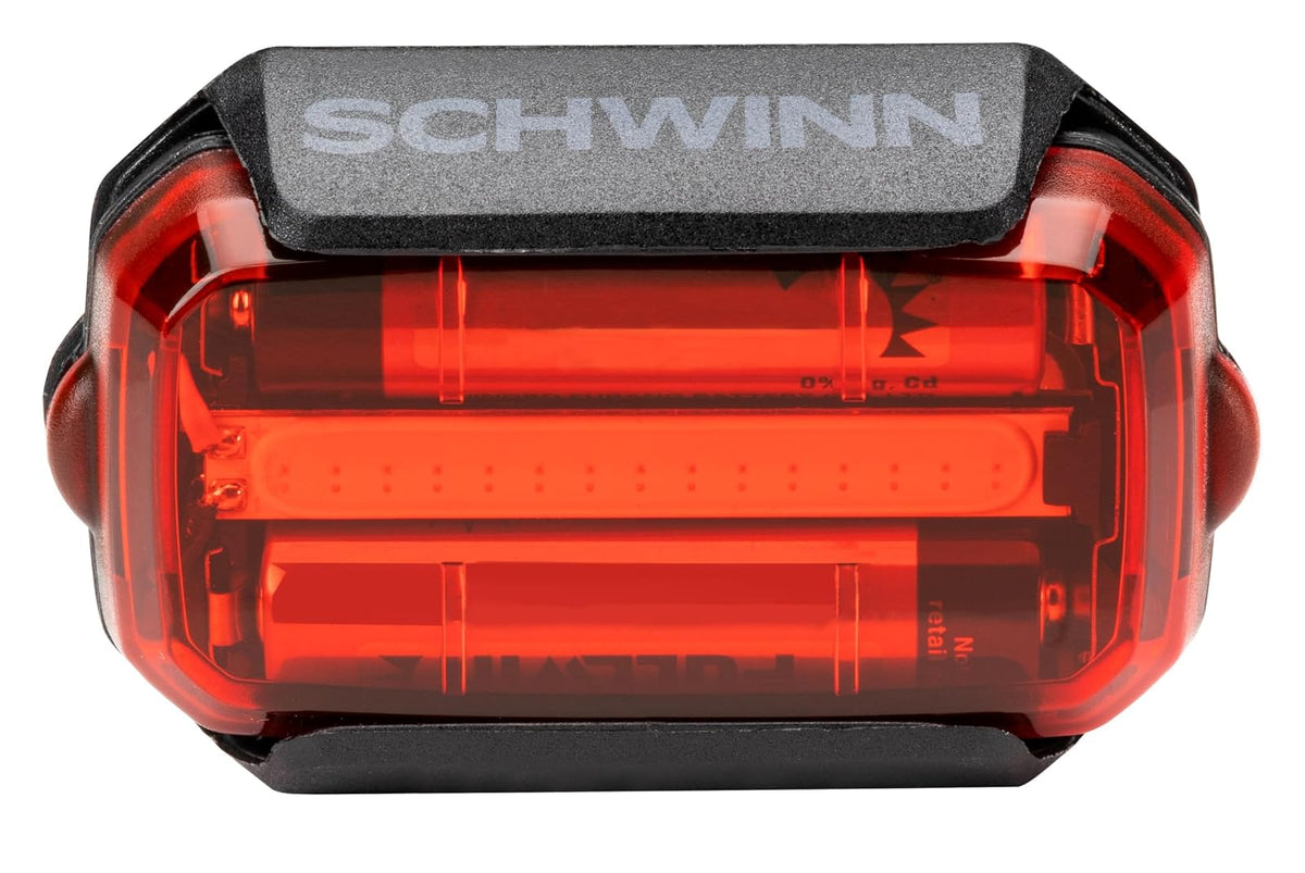 Schwinn - Juego de luces LED para bicicleta, faros delanteros recargables por USB y luz trasera que funciona con pilas, con correa de silicona de montaje sin herramientas, pieza de bicicleta y