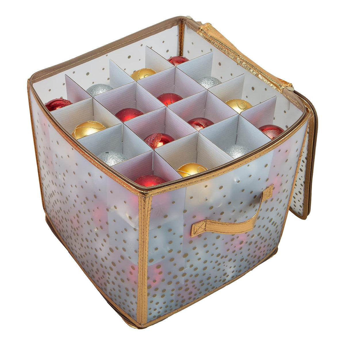 Simplify Caja de Almacenamiento de Adornos de 64 Unidades, plástico, Organizador Decorativo, contenedor de Almacenamiento, Dorado, 12 x 12 x 12 x 12 Pulgadas