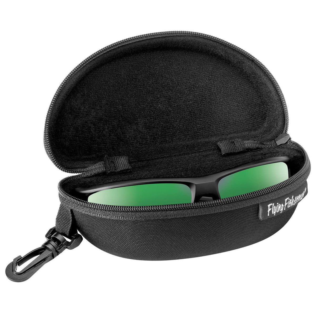 Flying Fisherman Shell Zipper Protective Fabric Sunglass Case with Clip for Men and Women Sunglasses Eyewear | Black, 2-Pack