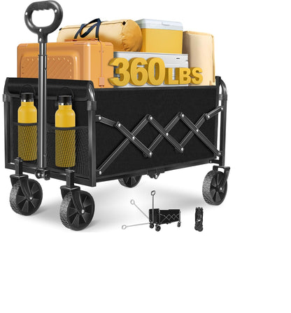 Carro Plegable, Carro Plegable con Ruedas Todo Terreno y 2 portavasos, carros Plegables Ligeros y portátiles para Playa, Camping, comestibles, jardín Deportivo, 360 Libras/Negro