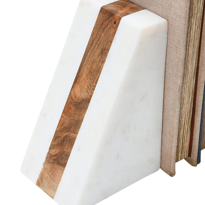 Main + Mesa - Sujetalibros geométricos de mármol con Incrustaciones de Madera, Color Blanco