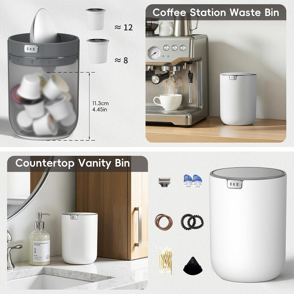 EKO Fandy - Mini cubeta de basura con tapa de 0.58 gal/2.2 litros, basurero de computadora para baño, encimera, cambiador, computadora u oficina, pequeño cubeta de basura (blanco)