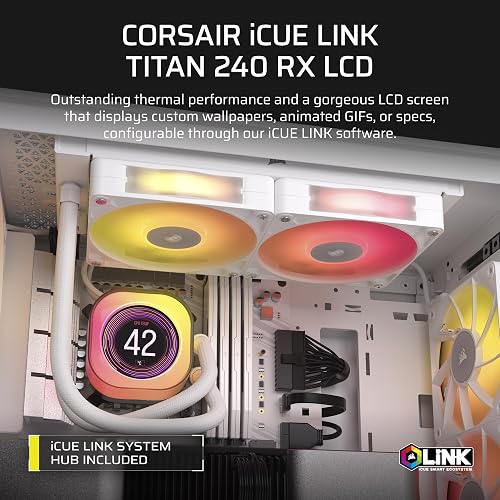 Corsair iCUE Link Titan 240 RX LCD Refrigeración Líquida de CPU – Motor de Refrigeración FlowDrive – Intel LGA 1851/1700, AMD AM5/AM4 – 2X RX120 RGB Ventiladores – iCUE Link Hub Incluido – Blanco