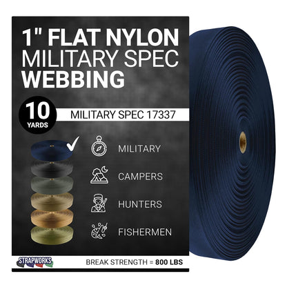Strapworks MilSpec 17337 - Correa de Nailon Plana con especificaciones Militares para eslingas, Correas de Mochila, proyectos tácticos, 1 Pulgada x 10 Yardas, Azul Marino