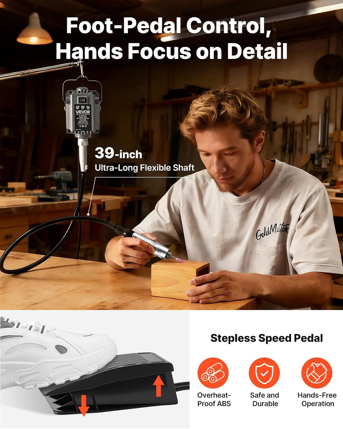 VEVOR Amoladora de eje flexible,herramienta rotativa eléctrica de eje flexible de 125 W y 18 000 RPM,amoladora colgante con control de pedal y kit de accesorios de 112 piezas para lijar,pulir y cortar