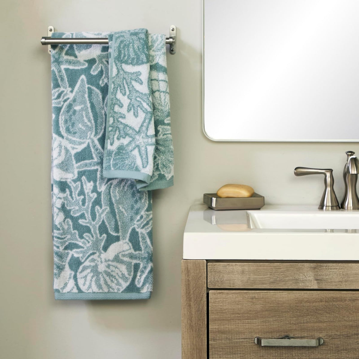 SKL Home South Seas Shell - Juego de Toallas de Mano de 2 Piezas, 100% algodón, 550 g/m², Jacquard Reversible, Suave y Absorbente, Tropical, Costera/Playa/Complejo para baño, Cocina, Bar y Regalo