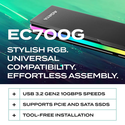ADATA EC700G - Adaptador de Caja Externa portátil de Aluminio USB 3 Gen 2 Type-C M.2 2280/2242/2230 PCIe/NVMe/SATA SSD SSD con diseño sin Herramientas (AEC700GU32G2-CGY)