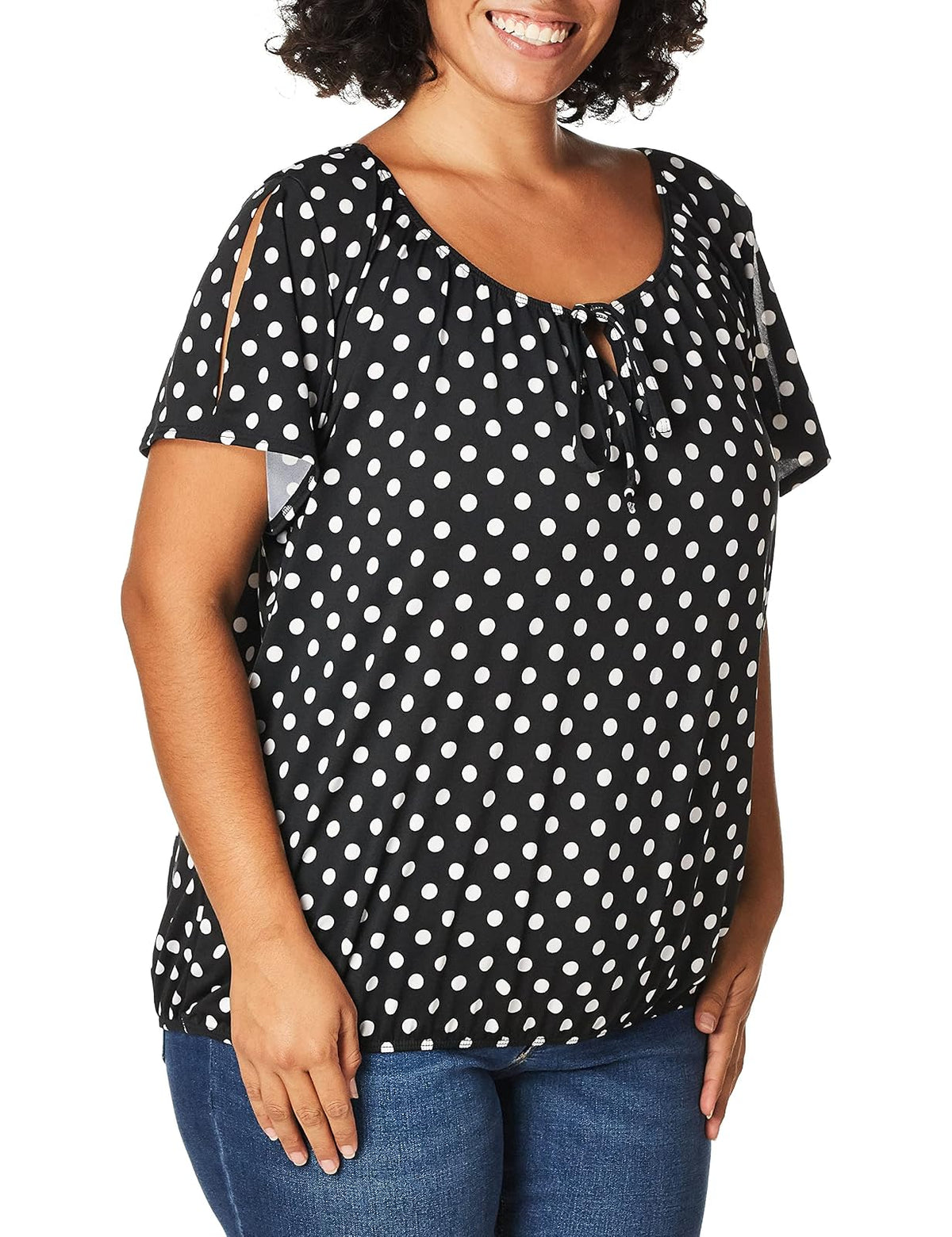 Star Vixen Tamaño Grande de Manga Corta/ranurada Keyhole-Tie Campesino Parte Superior Bubble Dobladillo Blusa para Mujer