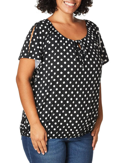 Star Vixen Tamaño Grande de Manga Corta/ranurada Keyhole-Tie Campesino Parte Superior Bubble Dobladillo Blusa para Mujer