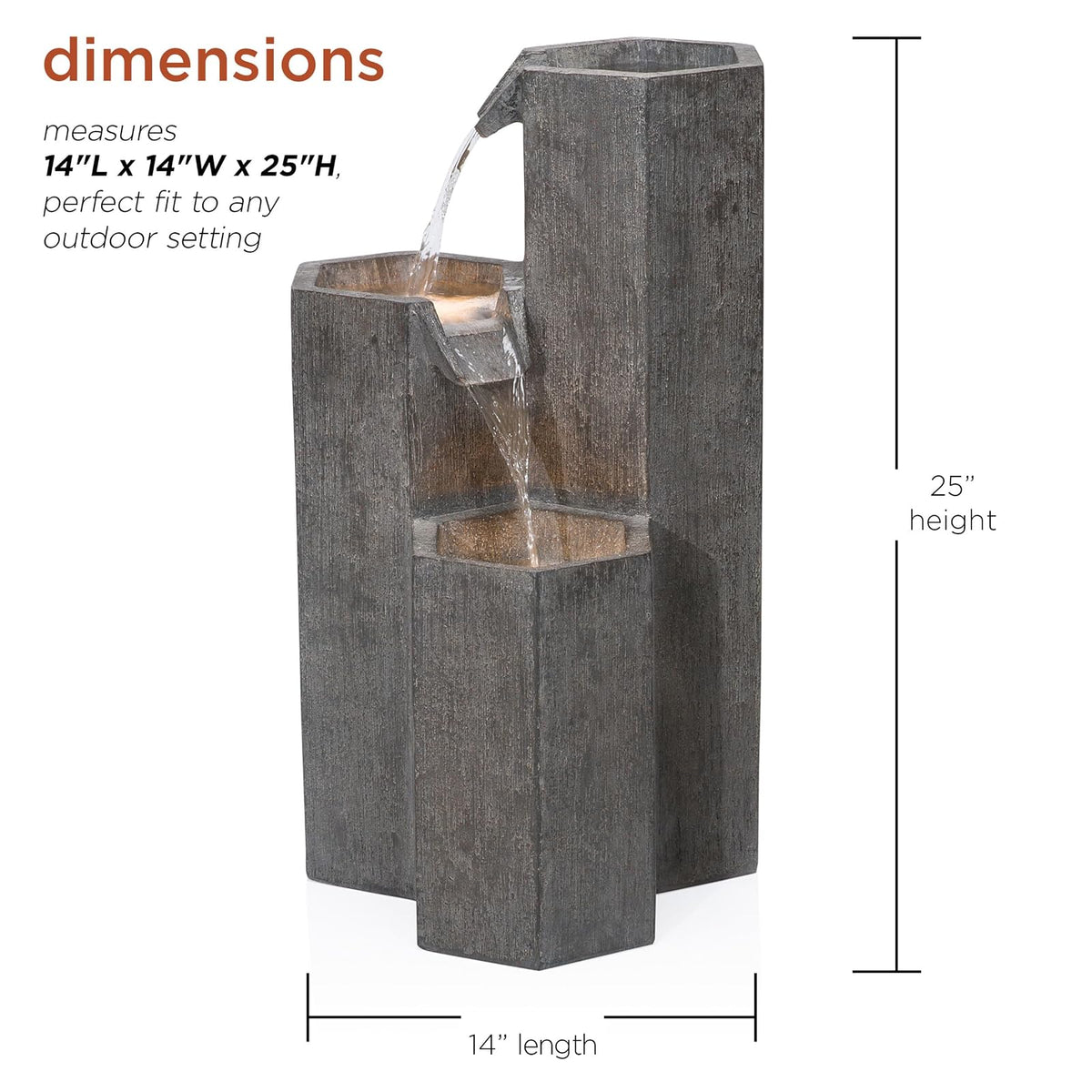 Alpine Corporation GIL1480 Fuente Cascada Hexagonal de Piso para Exteriores, Fuente de Agua Moderna de Piedra Envejecida de 25", Gris
