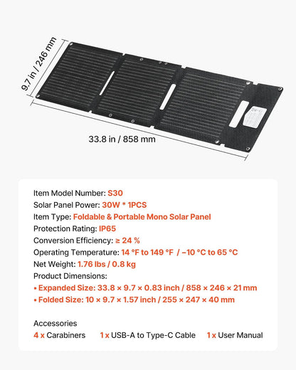 VEVOR Placa Solar Plegable 30W, Panel Solar Monocristalino Portátil, 3 Puertos USB-A y USB-C, IP65 Impermeable, Cargador para Tablets Móviles Power Bank, Energía para Camping Senderismo Autocaravanas