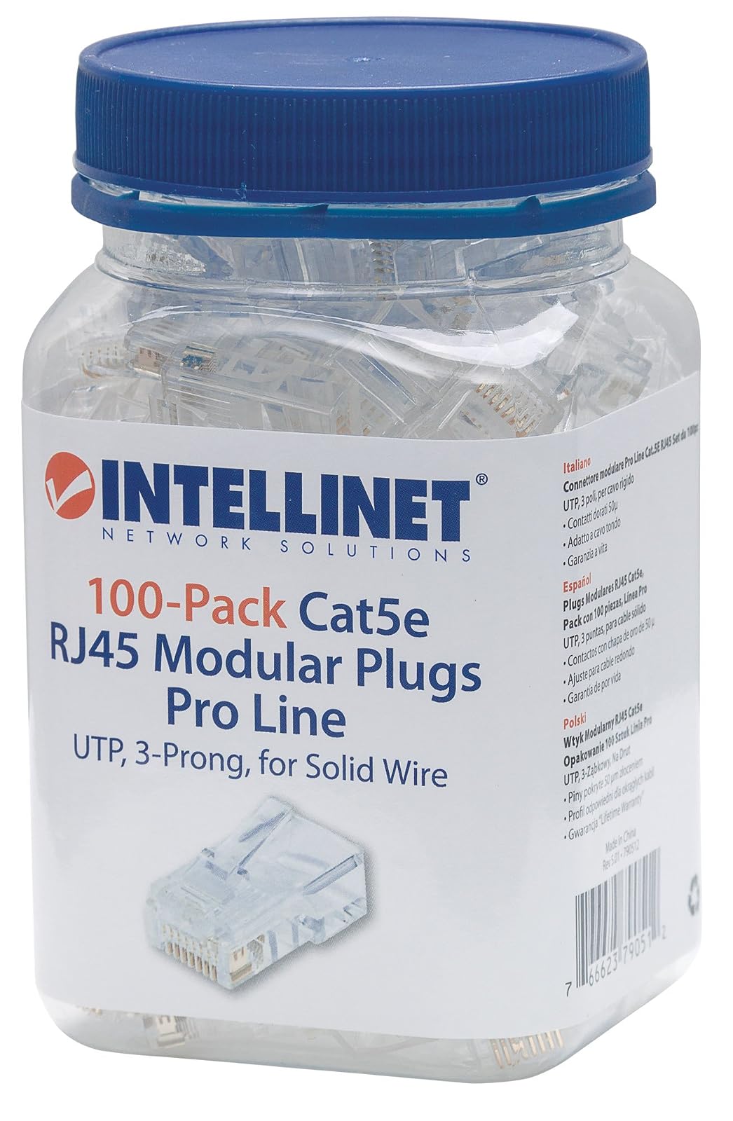 Intellinet AC-5450 Plug Modular Rj45 Utp Cat5E Solido Bote con 100 Piezas Contacto Oro 50 Micras Linea Pro, Transparente