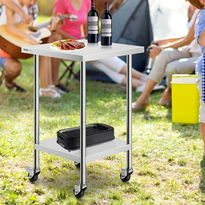 VEVOR Mesa de Trabajo de Acero Inoxidable 61 x 61 x 96,5 cm Mesa de Preparación de Alimentos con 4 Ruedas Mesa de Cocina Estante Ajustable en Altura para Cocina Restaurante Bar Garaje al Aire Libre