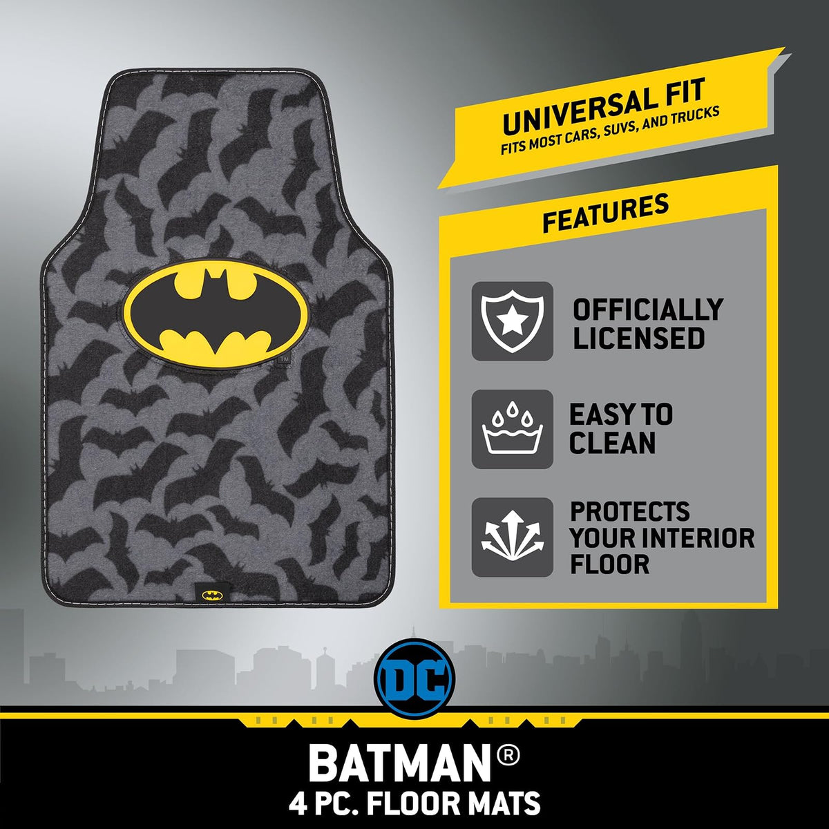 BDK Warner Bros DC Comics Batman - Alfombrillas únicas de impresión completa para automóvil, ajuste universal, juego de 4 piezas, alfombra, delantera 26 x 16.5 pulgadas, trasera 14 x 16.5 pulgadas, agarre