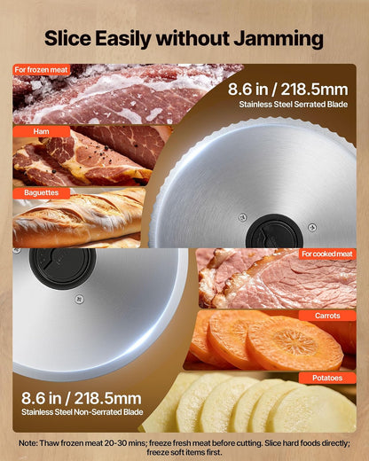 VEVOR Cortadora de carne, 8.6" eléctrica, con 2 cuchillas SUS420 y grosor ajustable de 0 a 0.6", doble bloqueo de seguridad, 200 W, para el hogar, ideal para carne congelada, jamón,baguettes y filetes