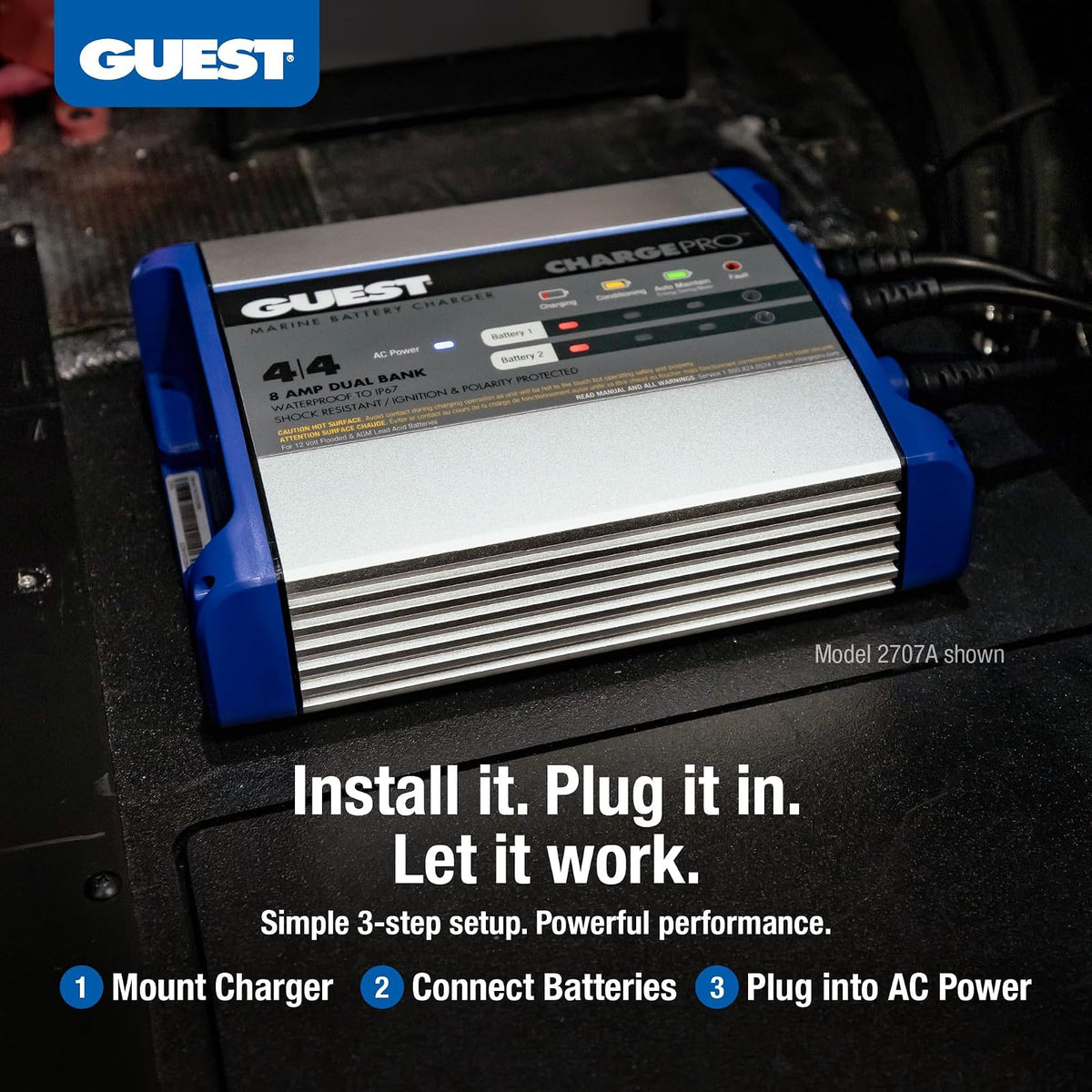 Guest 2707A - Cargador de batería Integrado para Invitados, 8 A/12 V, 2 Bancos, Entrada de 120 V