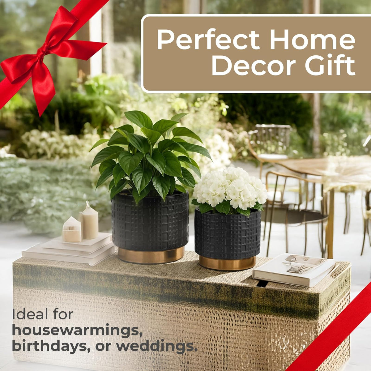 Sagebrook Home Macetas de cerámica y gres con Detalles Dorados Modernas y Decorativas para Plantas suculentas Flores y Hierbas Elegante decoración del hogar y la Oficina; Juego de 2 Color Negro