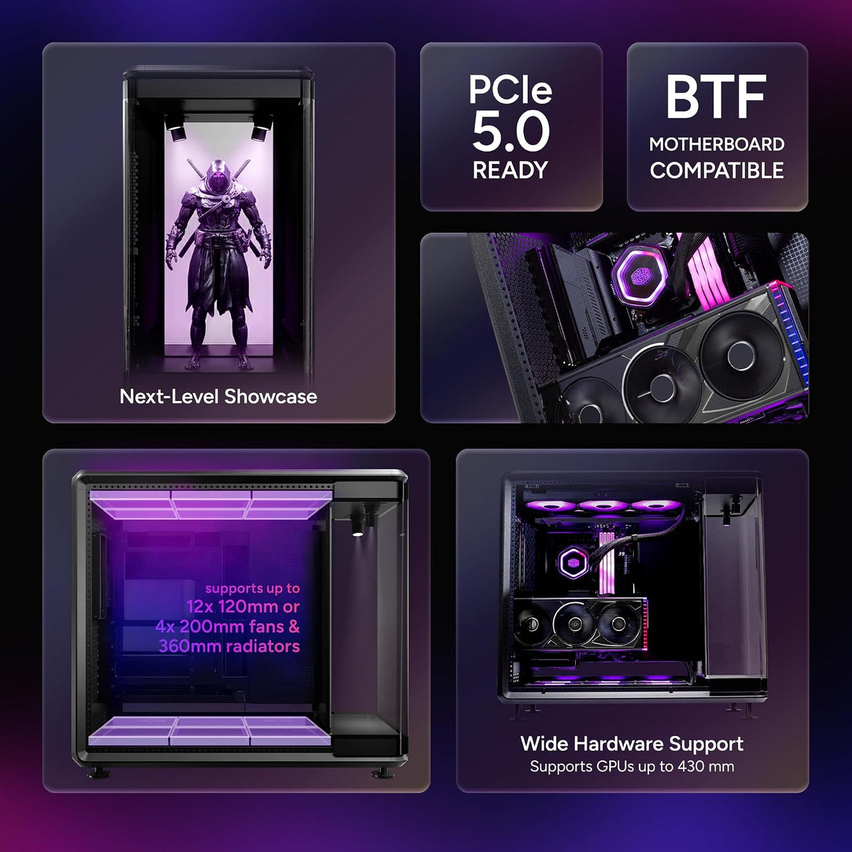 Cooler Master MasterFrame 360 Panorama Open-Frame ATX Funda para PC, vidrio templado panorámico de 3 lados, GPU Max de 430 mm, soporte de radiador de 360 mm, PCIe 5.0, soporta ventiladores de hasta 12