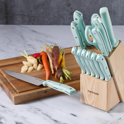 Kenmore Kane Juego de Cuchillos Triple Remachado 14 Piezas | Azul Glaciar, acero inoxidable, bloque de madera, incluye afilador