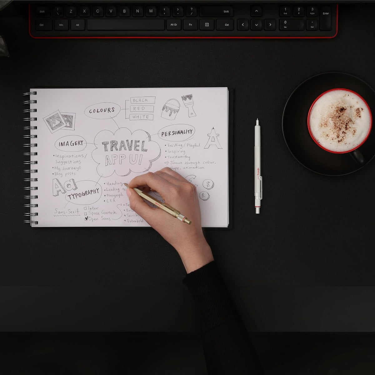 Rotring 600 bolígrafos metálicos de punta media, tinta negra, barril blanco perla recargable, 1 unidad