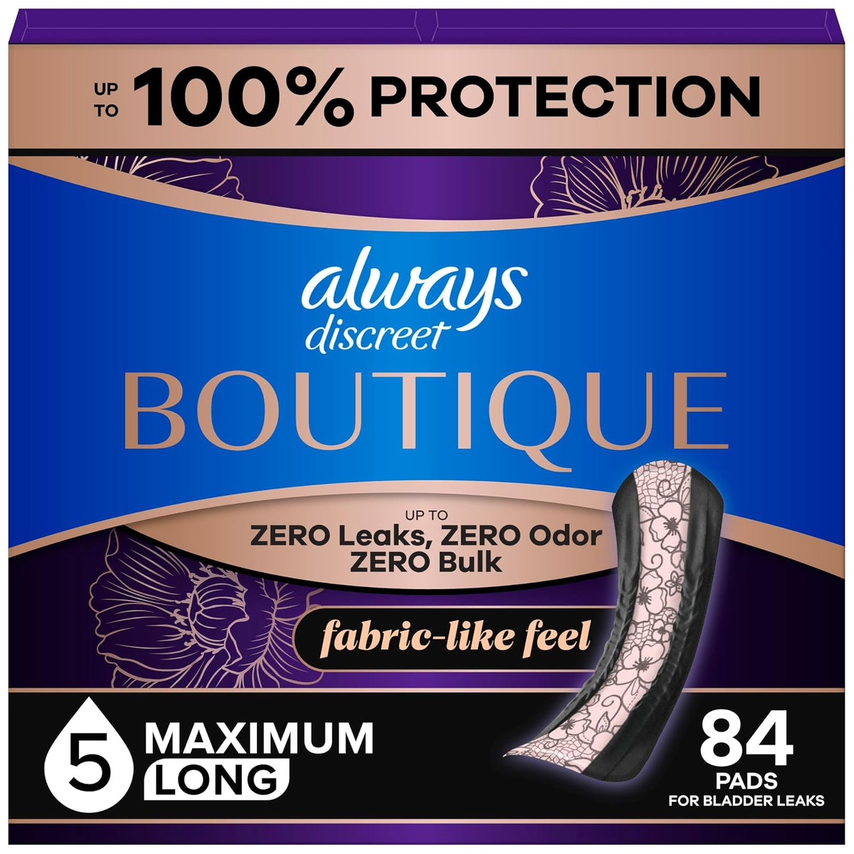 Always Discreet Boutique Incontinence Pads, Heavy Absorbency, Long Length, 84 Count