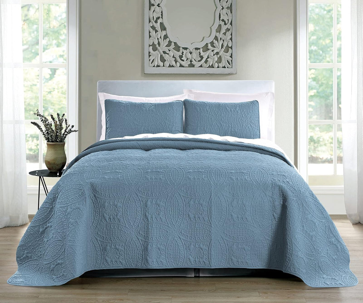 Pure Bedding - Juego de edredón tamaño matrimonial/Queen, Color Azul Ceniza - Colcha de Gran tamaño, Colcha Ligera de Microfibra Suave para Todas Las Estaciones, 3 Piezas Incluye 1 edredón y 2 Fundas