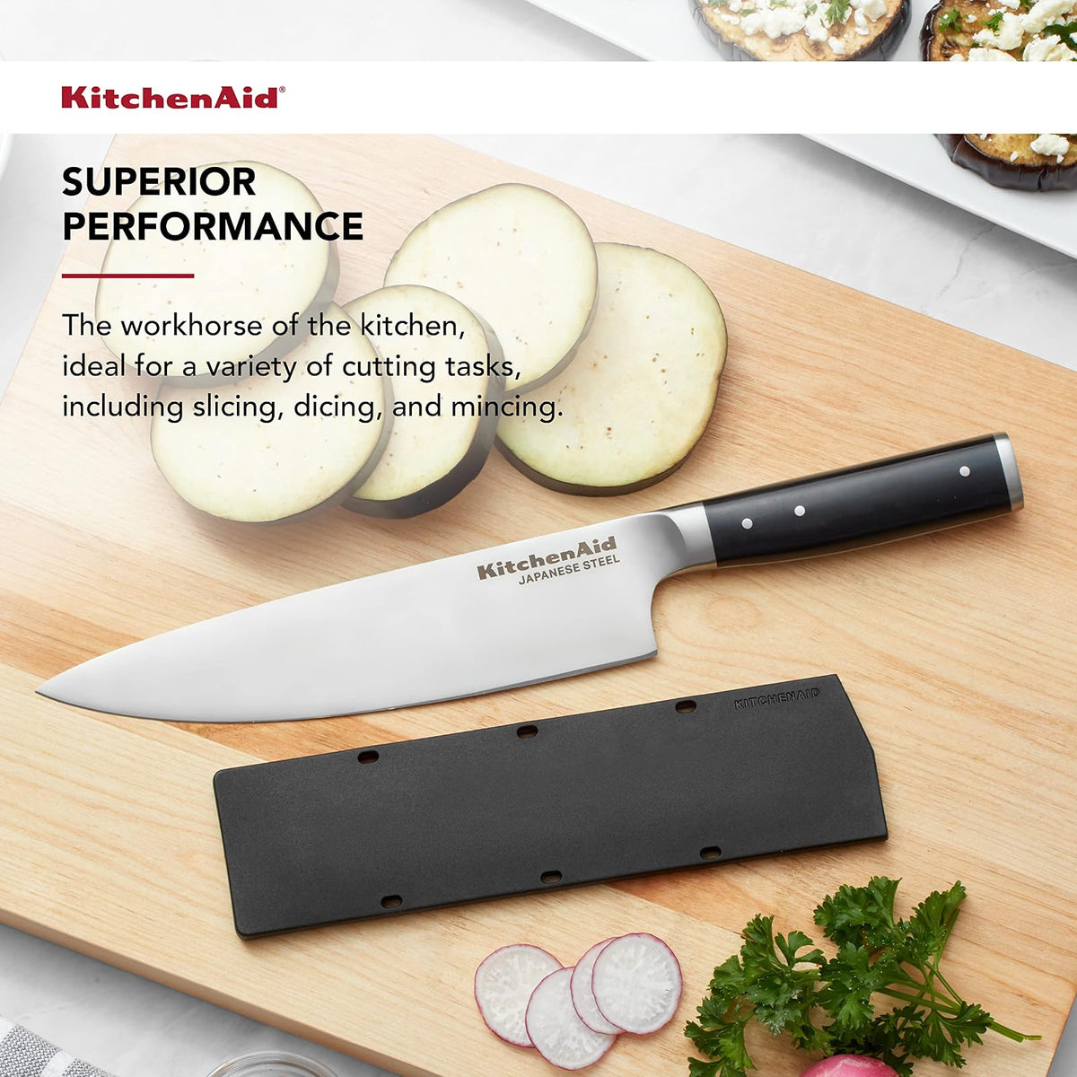 KitchenAid Gourmet - Cuchillo de chef forjado de triple remache con cubierta de hoja de ajuste personalizado, cuchillo de cocina afilado, hoja de acero inoxidable japonés de alto carbono, color negro