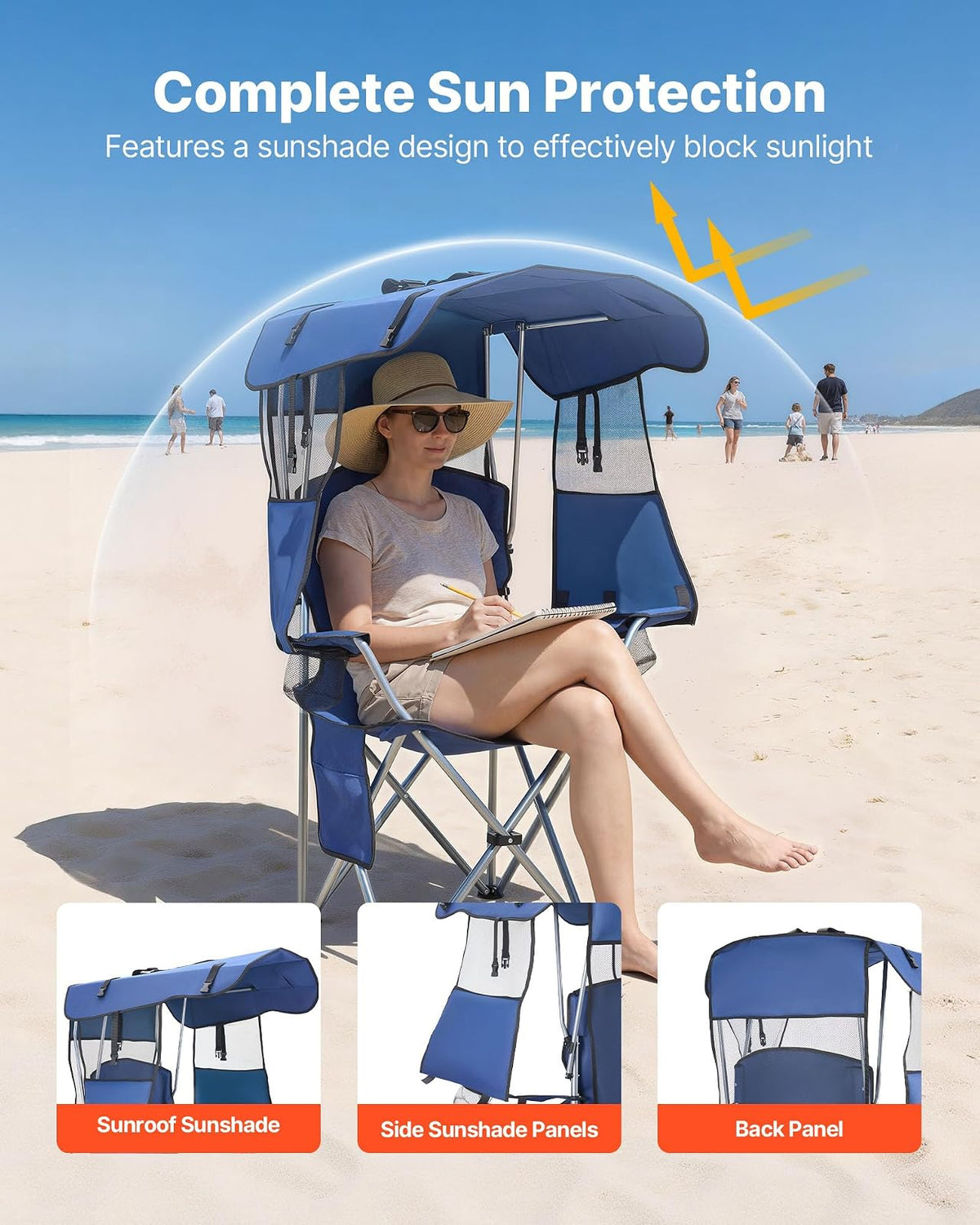 VEVOR Silla de Camping Plegable con Sombrilla Capacidad Máxima de 150 kg, Silla de Camping Portátil con Toldo Tela Oxford, Compartimento para Revistas, Portavasos y Bolsillo para Exteriores Pesca