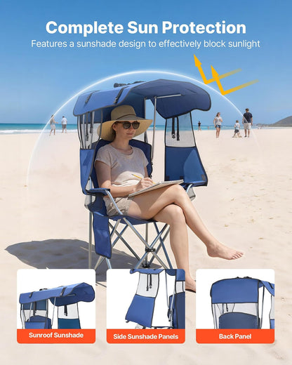 VEVOR Silla de Camping Plegable con Sombrilla Capacidad Máxima de 150 kg, Silla de Camping Portátil con Toldo Tela Oxford, Compartimento para Revistas, Portavasos y Bolsillo para Exteriores Pesca