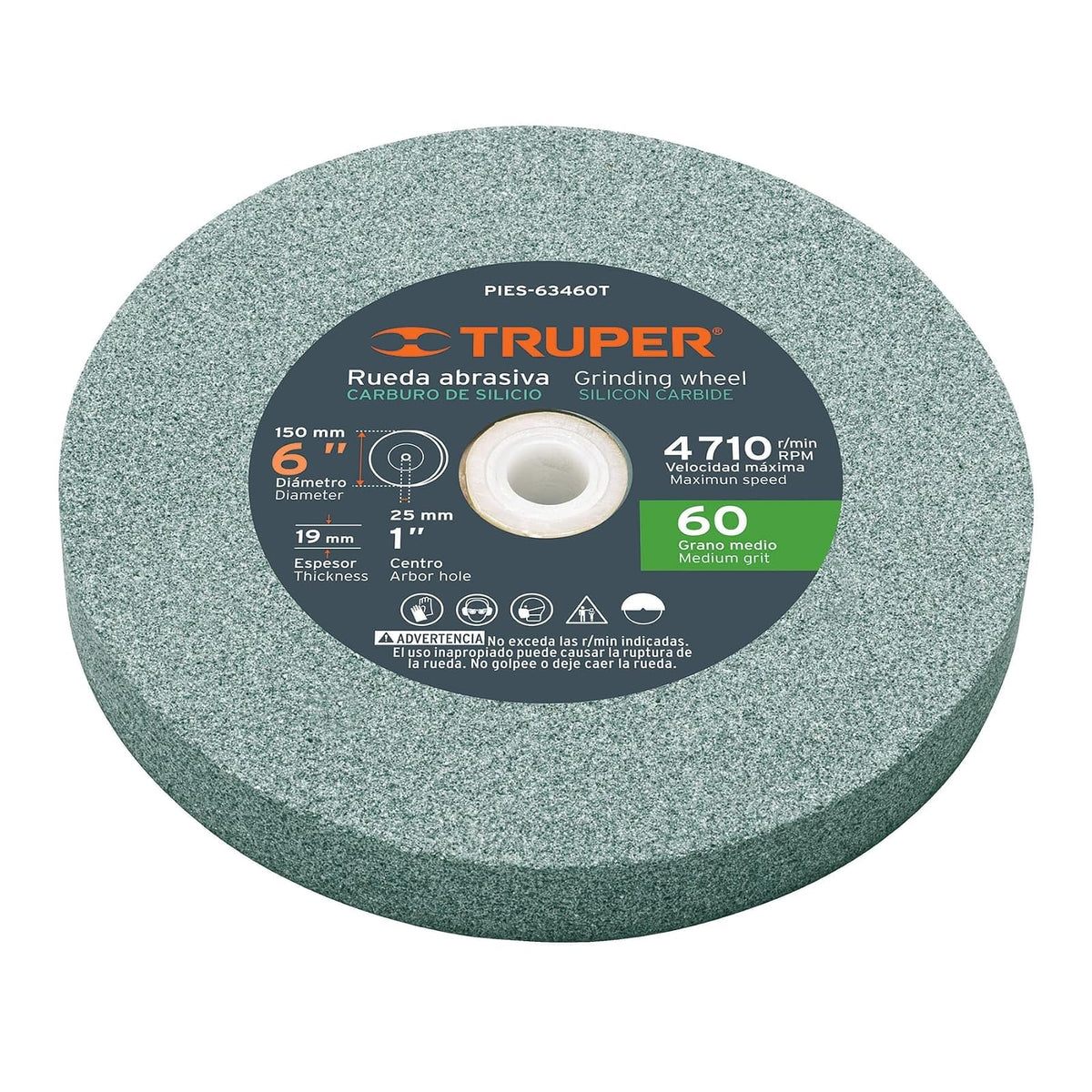 Truper PIES-63460T, Piedra para esmeril, carburo de silicio 6", grano 60, espesor 3/4", barreno 1"
