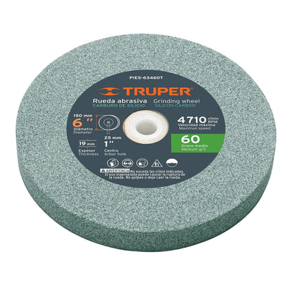 Truper PIES-63460T, Piedra para esmeril, carburo de silicio 6", grano 60, espesor 3/4", barreno 1"