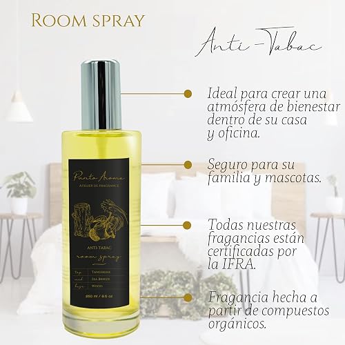 Punto Aroma - Home Mist 250ml - Ambientador de Fragancia Premium - Air Freshener - Spray aromatizante con atomizador - Ideal para casa, automóvil, oficina, carro, baño (ANTI TABAC/BYE TOBACCO)