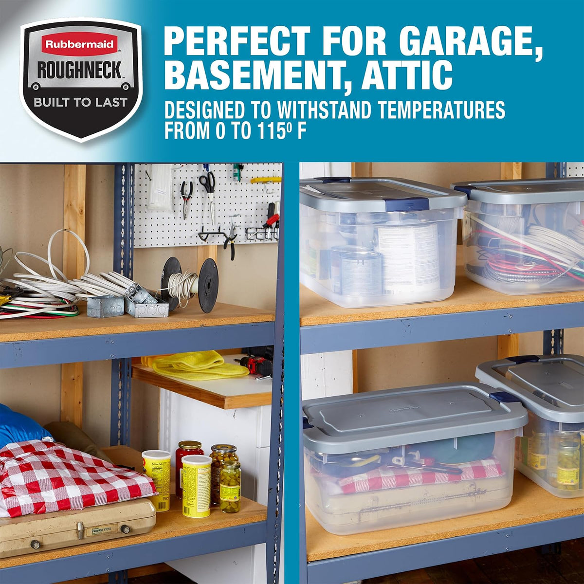 Rubbermaid Roughneck - Contenedores de almacenamiento transparentes de 50 cuartos de galón/12 galones, paquete de 5 con tapas grises con cierre, base visible, resistente y apilable, ideal para