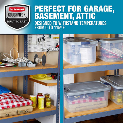 Rubbermaid Roughneck - Contenedores de almacenamiento transparentes de 50 cuartos de galón/12 galones, paquete de 5 con tapas grises con cierre, base visible, resistente y apilable, ideal para